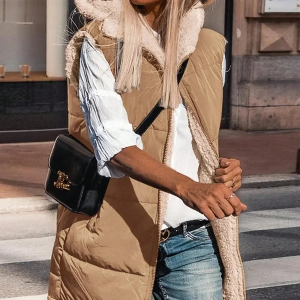 Light Camel Casual Women's Reversible Sleeveless Hooded Vest Jacket